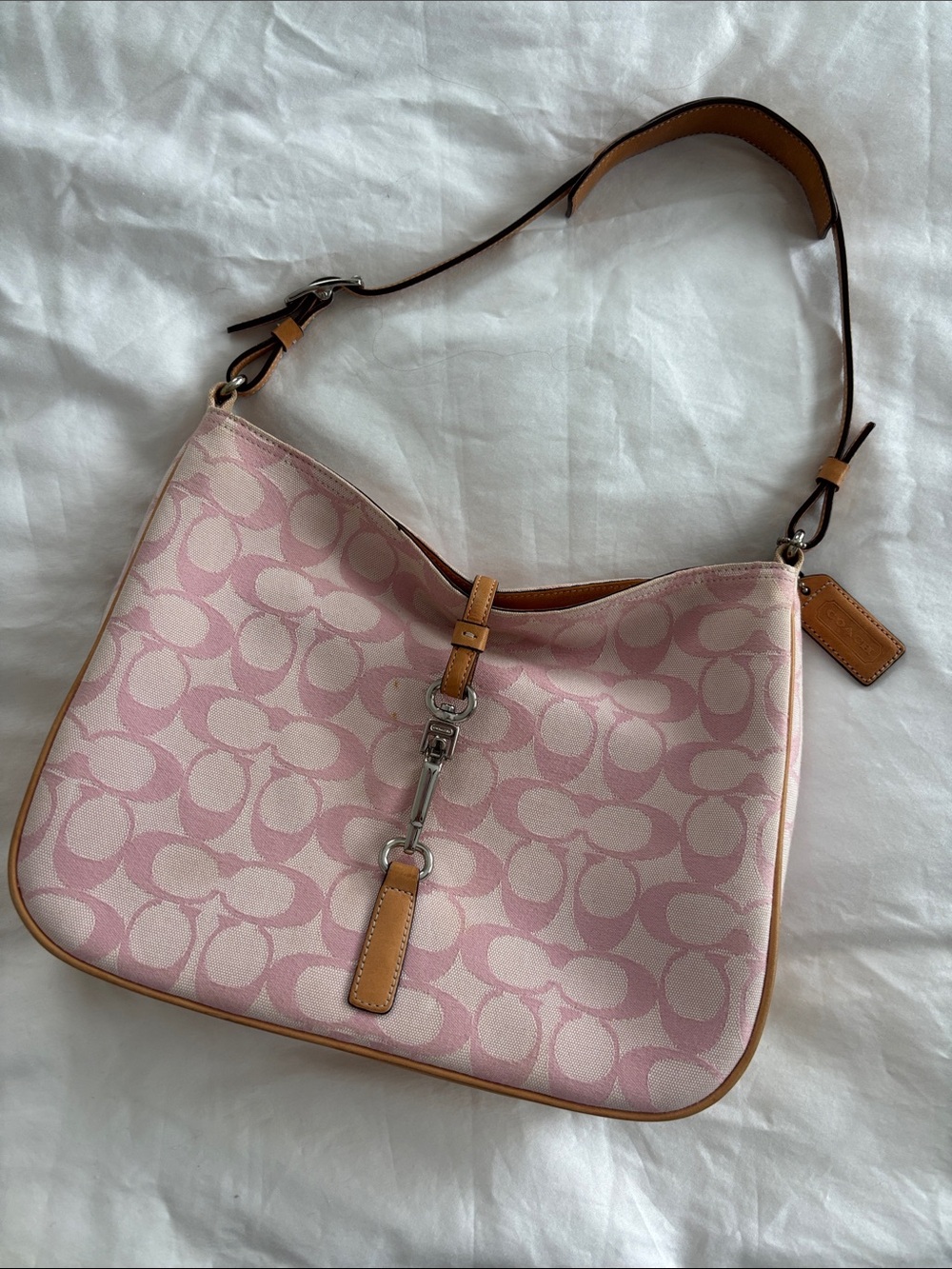 Coach Pink Signature Canvas Hobo with Tan Leather Trim
